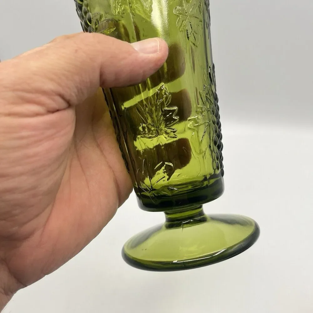 Vintage Indiana Glass Tall Footed Vase Harvest Grape Colony Green 9.75